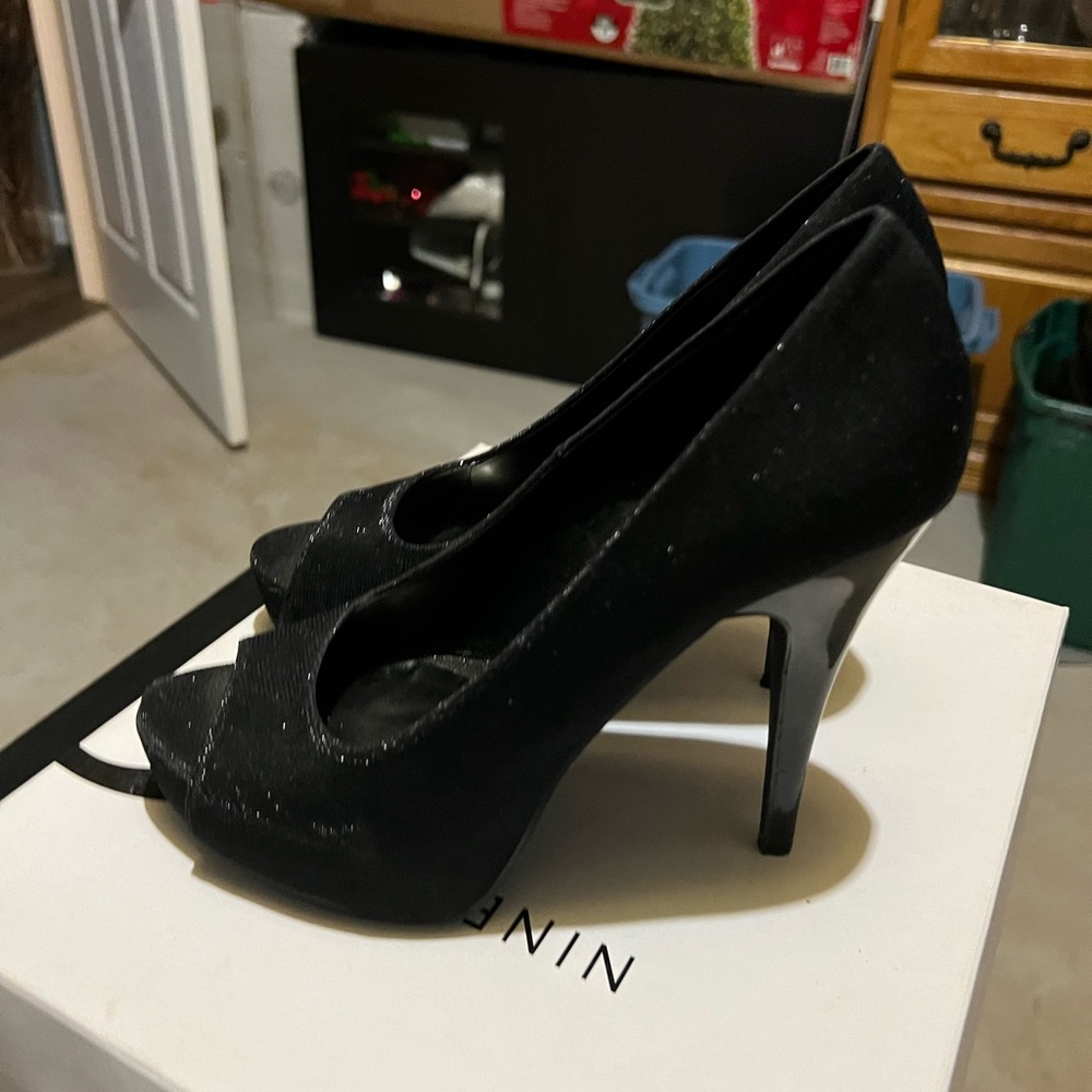 Sparkling black open toe heels